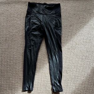 Athleta Black Leggings with leather look front panel, size S